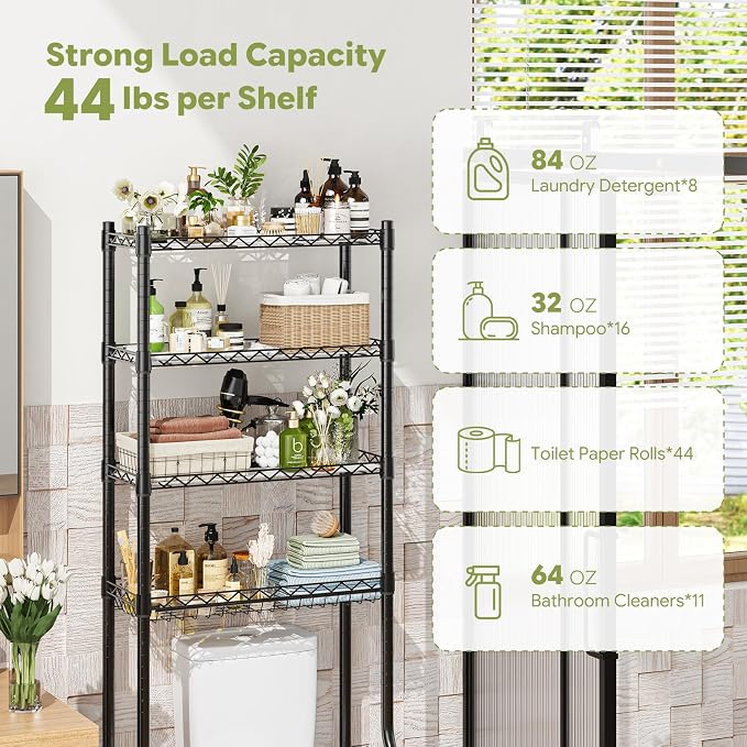 Simple Trending 4 Tier Over The Toilet Storage Rack, Bathroom Organizers and Storage Over Toilet with Adjustable Shelf and Basket, (Black)
