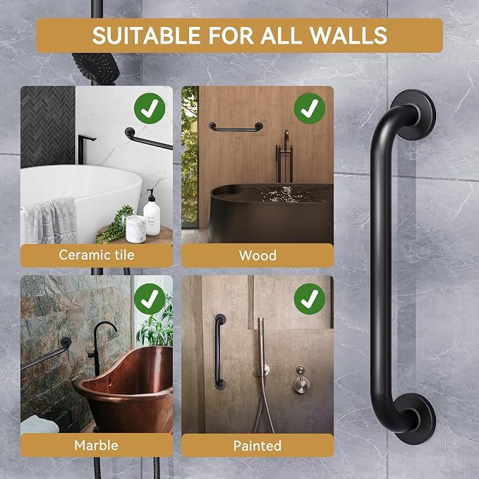 AmazerBath Shower Grab Bars for Seniors Anti Slip, Bath Safety Grab Bar for Needy, Stainless Steel Bathroom Safety Grab Bars, Thickened Bar Bigger Base Holds 500LBS, 16" L x 1" D, Black