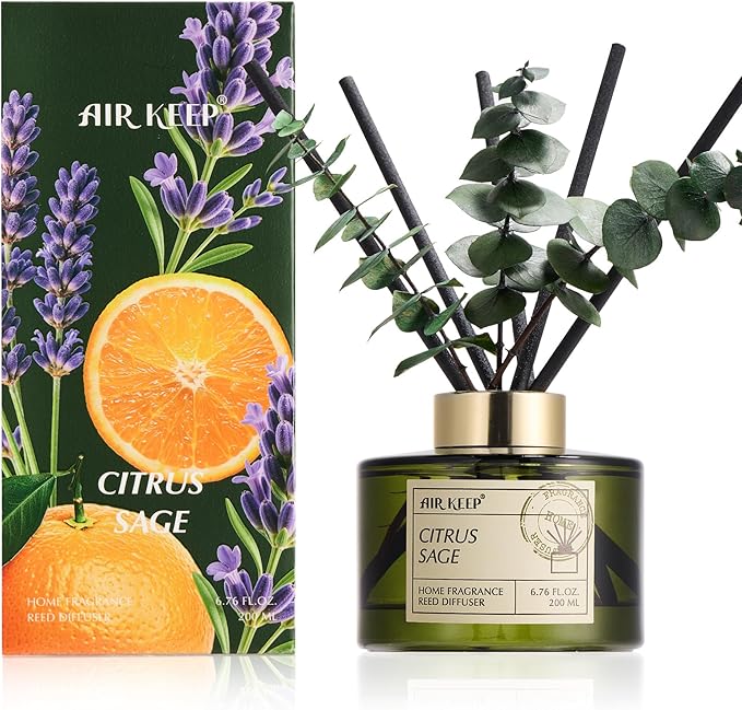 Airkeep Reed Diffuser Set with 6.76 fl oz Citrus&Sage Scent Essential Oils and 3 Leaves & 8 Diffuser Sticks,Bathroom Shelf Decor & Air Freshener, House Bedroom Office Decor & Gifts