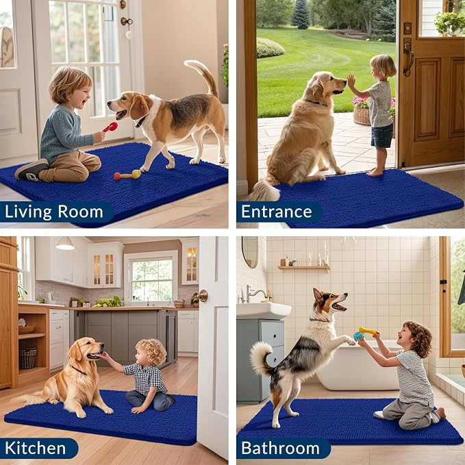 Smiry Dog Door Mat for Muddy Paws 47x24, Absorbent Dirt Trapper, Non-Slip Washable Chenille Entryway Rug for Inside Floor, Royal Blue, Classic Solid