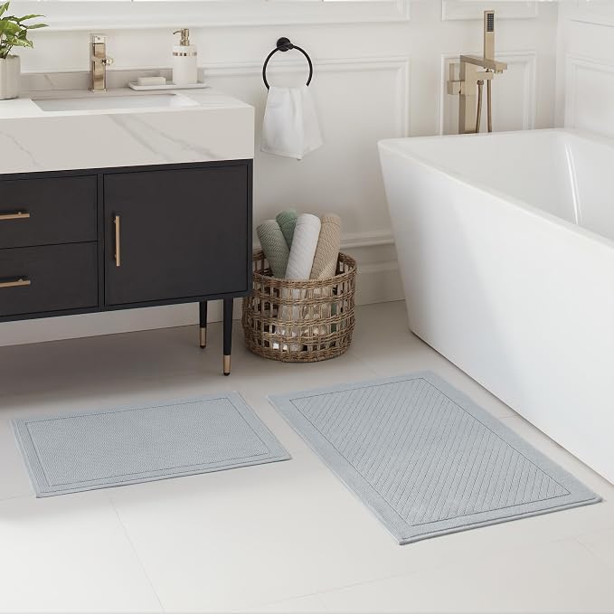 Arkwright 100% Cotton Bathroom Rug - High Absorbent Stylish Textured Woven Design Bath Mat, Slip Resistant Backing for Shower and Bathtub Floor, 17x24 in - Blue