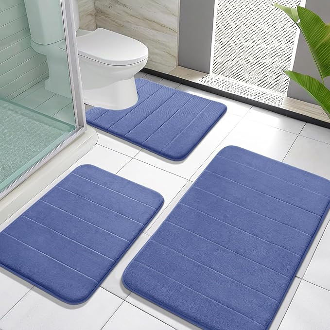 Yimobra Memory Foam Bath Mat Set 3 Pieces- Super Soft Absorbent Quick Dry Bathroom Rug Sets, Machine Washable Non Slip Floor Carpet for Tub Shower, Vanity & Toilet Base, Navy Blue