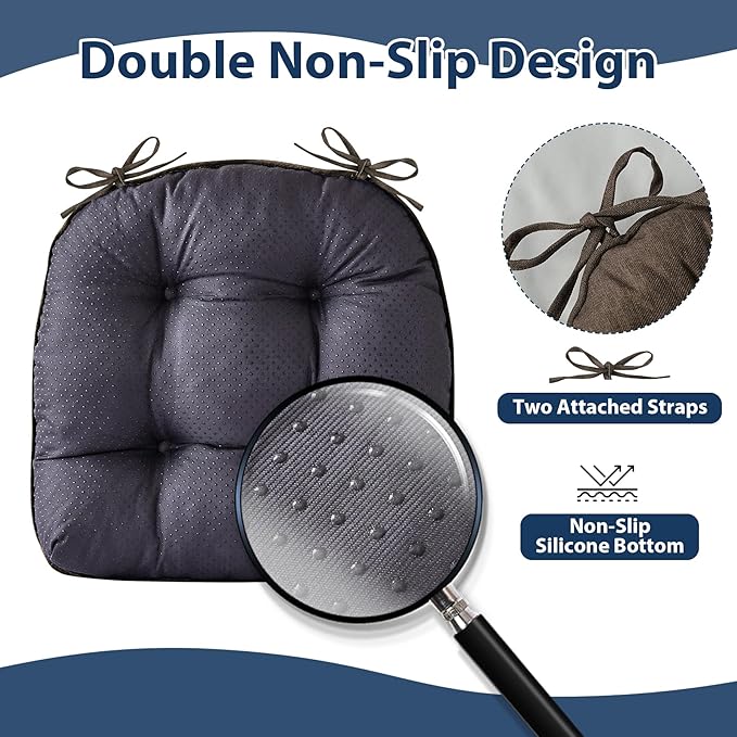 IASEAHK Chair Cushions for Dining Chairs, Seat Cushions for Kitchen Chairs, Indoor Seat Cushions with Ties, Tufted Foam Chair Pads, Non Slip Chair Cushions Set of 4, 15.5" x 15.5" x 4", Brown