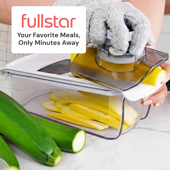 Fullstar Mandoline Slicer for Kitchen, Fruit Cutter, Cheese Grater, Cucumber Slicer, Veggie Spiralizer, Food Cutter & Kitchen Gadgets & Gifts with Safety Glove (6 in 1, Clear)