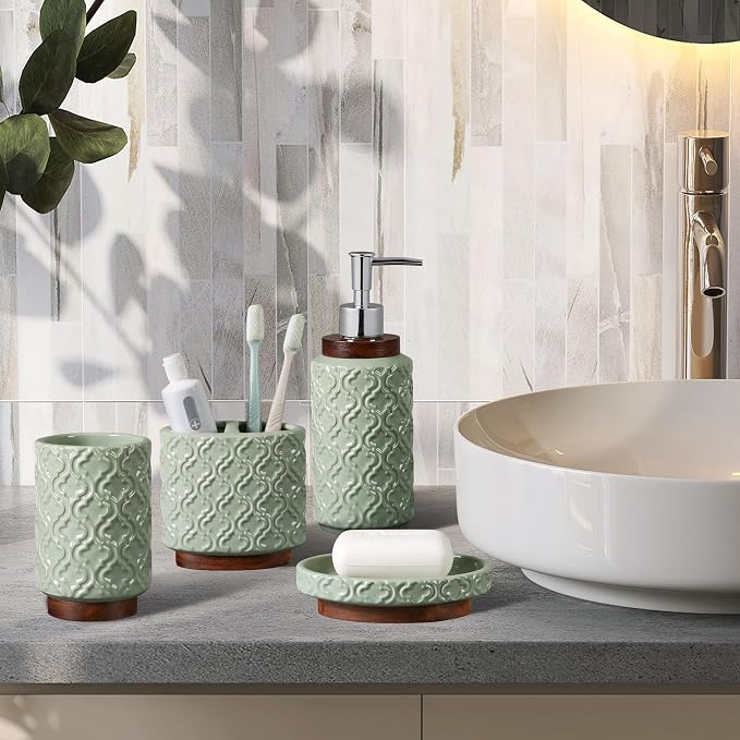 RQYIXI Elegant 6 PCS Ceramic&Wood Bathroom Accessories Set:Soap Dispenser,Toothbrush Holder,Tumbler,Soap Dish,Tray,Trash Can,Easy to Clean,Quatrefoil Pattern,Green-Affordable Home Luxury