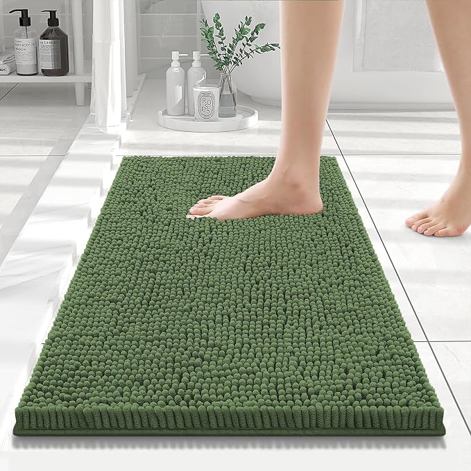 Smiry Luxury Chenille Bathroom Rugs 24x16, Extra Soft and Absorbent Shaggy Bath Mat, Machine Washable, Non-Slip Plush Carpet Runner for Tub, Shower, and Floor, Home Decor Accessories, Olive Green