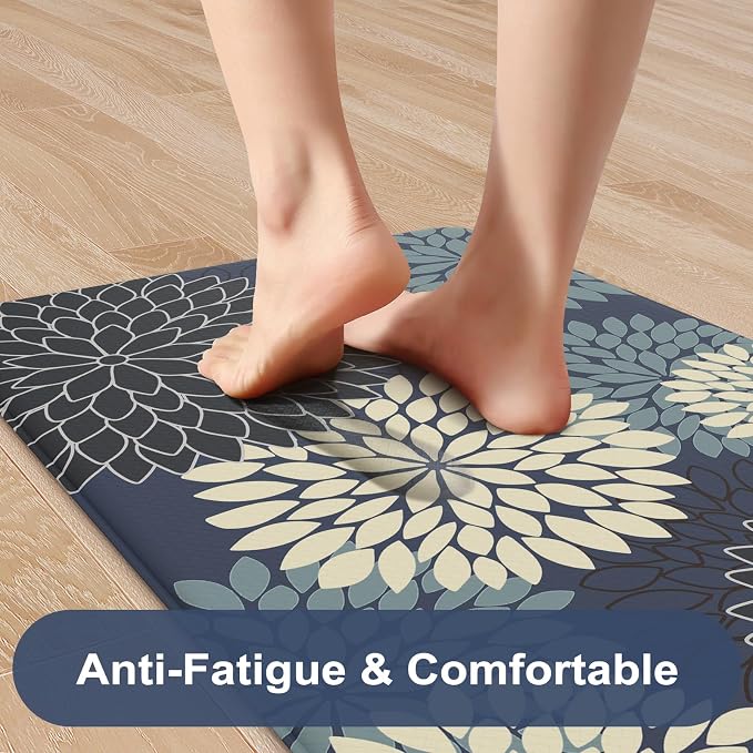 KIMODE Padded Anti Fatigue Rug Sets of 2, Ergonomic Standing Kitchen Rugs 2PCS, Boho Dahlia Kitchen Mats for Floor 2 Pieces Stain Resistant, Non Slip Kitchen Sink Floor Mat, 20"x32"+20"x47", Blue