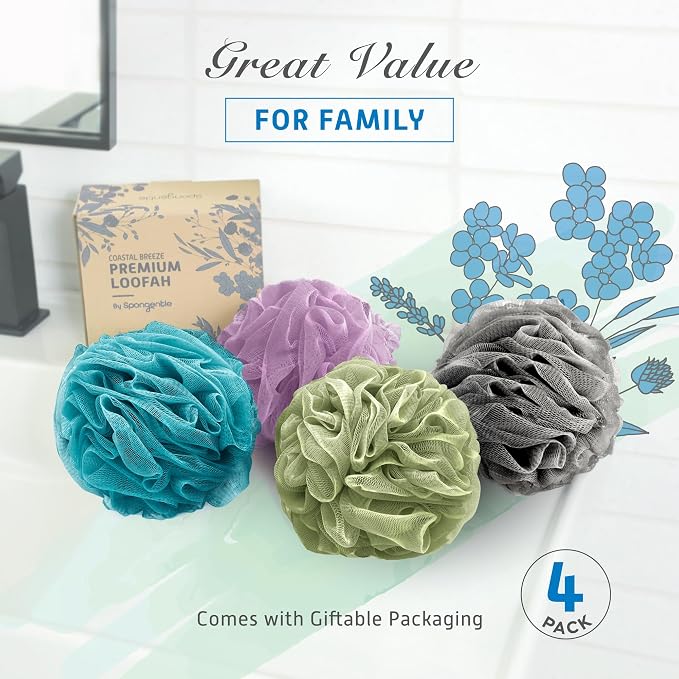 Spongentle Shower Loofah Bath Sponge, Body Scrubber with Soft Mesh, Exfoliating Bath Pouf and Body Wash Sponge for Women and Men, Bath Accessories Cleaning Tool, Large 60g 4 Pack