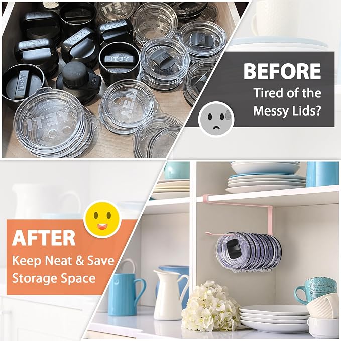 Tumbler Lid Organizer, Horizontal Tumbler Lid Storage Hook Up to 10 Lids, Space Saving Cup Lid Holders Under Cabinet Tumbler Lid Hook for Kitchen Organizer and Storage, Paper Towel Rack Hanger (Pink)