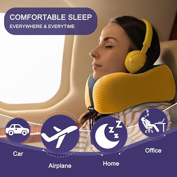 napfun Neck Pillow for Traveling, Upgraded Travel Neck Pillow for Airplane 100% Pure Memory Foam Travel Pillow for Flight Headrest Sleep, Portable Plane Accessories, Yellow