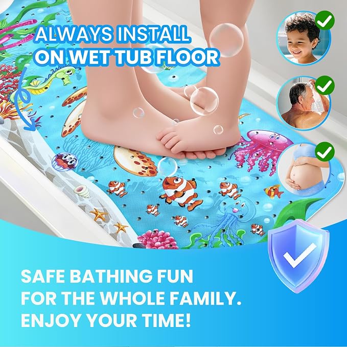 Baby Bath Tub Mat, 40 x 16 Inch Extra Large Non Slip Kids Cartoon Bathtub Shower Mats with Suction Cups & Drain Holes, Machine Washable for Bathroom, Undersea Sea Turtle