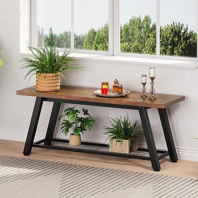 Oastreeful Storage Bench Industrial Rustic Wooden and Metal Entryway Shoe Boots Storage Rack Long Bench Seat for Hallway Bedroom Retro Brown Farmhouse Style