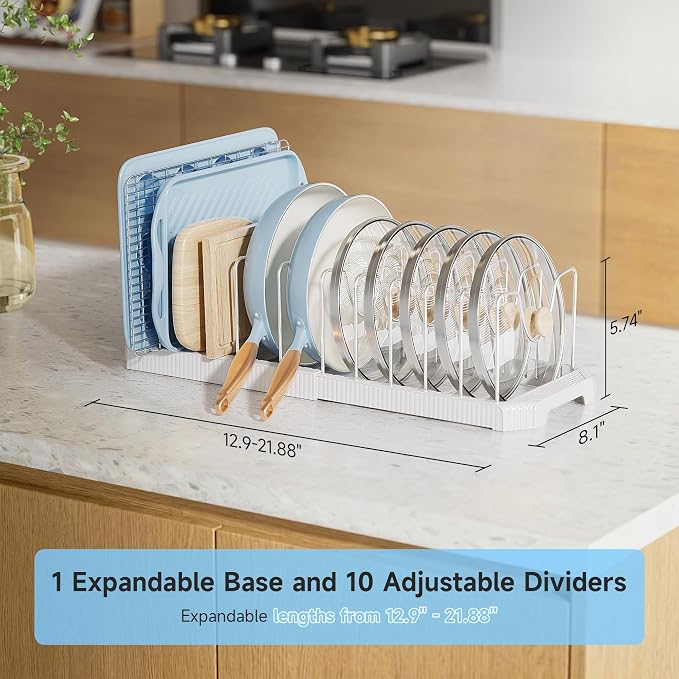 MUDEELA Pot Lid Organizer Rack for Cabinet, Expandable Pots and Pans Organizer under Cabinet with 12 Adjustable Dividers, Pan Organizers Holder inside Cabinet for Cutting Boards, Baking Sheets, White