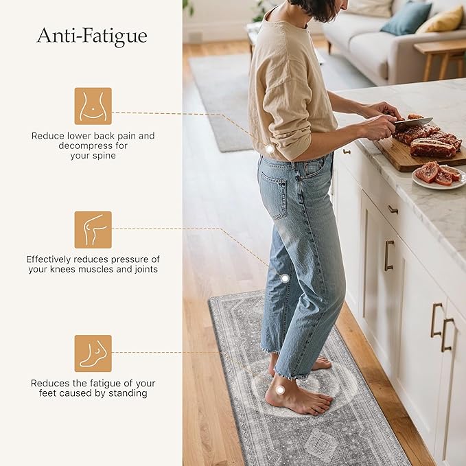 GENIMO Kitchen Mats for Floor 2PCs, Washable Anti Fatigue Mat for Cushioned, 17.3"x47"+17.3"x30", Waterproof Kitchen Rugs, Non Slip Comfort Standing Mat Rug for Home, Sink, Laundry, Ash Gray