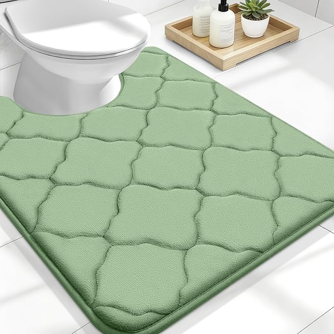 OLANLY Memory Foam Toilet Rugs U-Shaped 24x20, Ultra Soft and Absorbent Bathroom Rugs, Non-Slip, Comfortable, Machine Washable Contour Bath Mat for Toilet Base, Home Decor Accessories, Sage Green