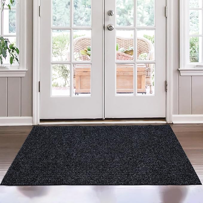 Ottomanson Mud Mat 3' x 3'11" Entryway Rug - Non-Slip Scraper Doormat for Muddy Paws, Dirt Trapping Indoor/Outdoor Mat for High-Traffic Areas, Kitchen, Garage, Patio, Black
