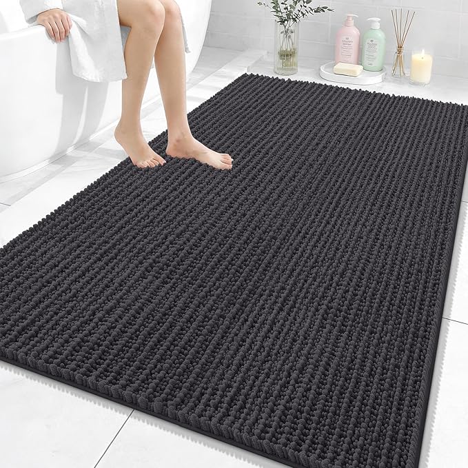 OLANLY Bathroom Rug Mat 59x35, Thick Soft and Absorbent Chenille Bath Mat, Non-Slip Rubber Backing, Machine Washable Quick Dry Bath Rugs for Tub Shower Floor, Home Decor Accessories, Dark Grey