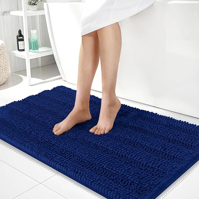 OLANLY Thick Large Bathroom Rugs 40x24, Extra Soft Absorbent Chenille Striped Bath Rugs, Rubber Backing, Machine Wash Dry, Bath Mats for Bathroom Floor, Tub and Shower, Home Decor Accessories, Navy