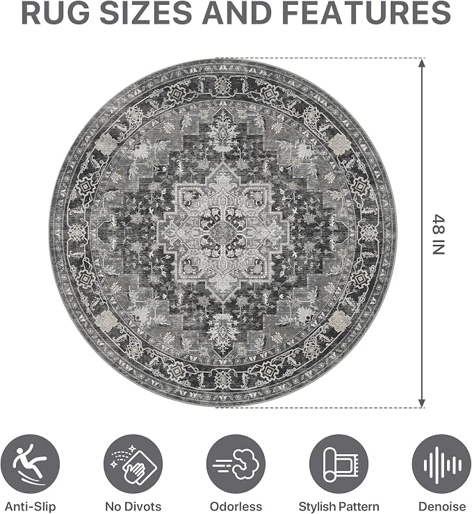 48"x48" Office Chair Mat for Hardwood Tile Floor, Under Desk Carpet Protector for Rolling Computer Chair Mat, Machine Washable Round Area Rug, Anti-Slip 1/5" Thick Low Pile Thin Floor Mat, Black