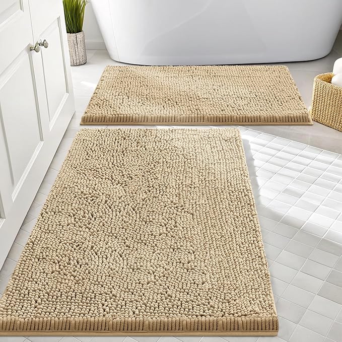 Smiry Bathroom Rugs Sets 2 Piece, Soft Absorbent Chenille Machine Washable Non Slip Shaggy Bath Rug Set for Tub, Shower, and Floor (30x20+24x16, Beige)