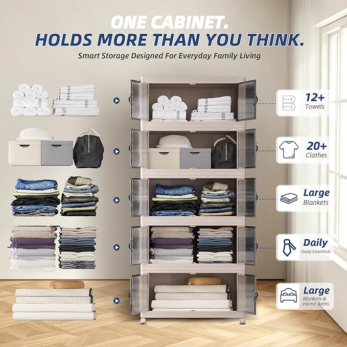 SAILUN 145Gal/580Qt Stackable Storage Bins Folding Collapsible Storage Bins with a Lid, Closet Organizers and Storage,Blush White 26" W x 17" D x 71" H