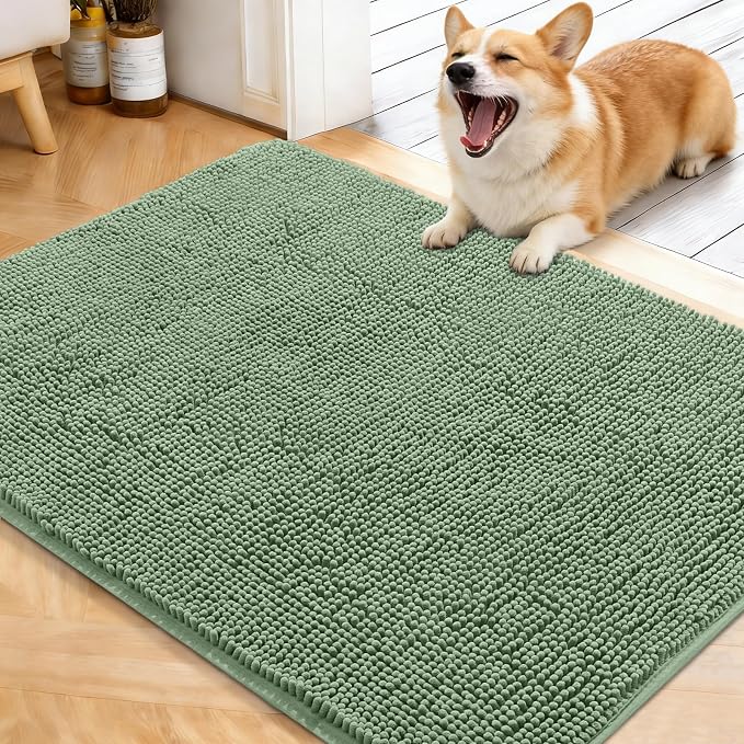 OLANLY Dog Door Mat for Muddy Paws 40x32, Absorbs Moisture and Dirt, Absorbent Non-Slip Washable Doormat, Quick Dry Chenille Mud Mat, Entry Indoor Entryway Carpet for Inside Floor, Olive Green