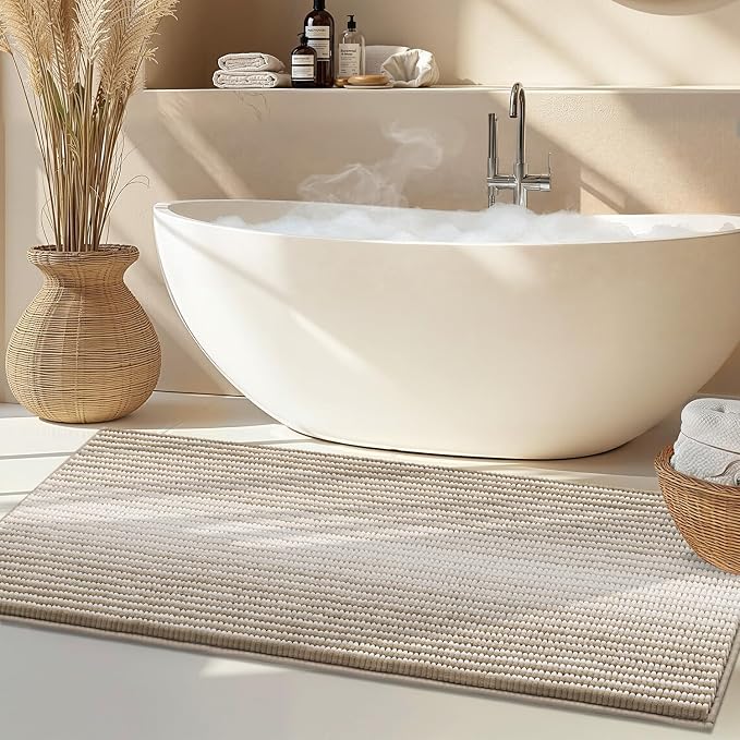 BSICPRO Chenille Bathroom Rugs, 21 x 60 Inches Non Slip Absorbent Bath Mat, Soft Shaggy Shower Bath Floor Mats for Bathroom, Machine Washable(Light Taupe)