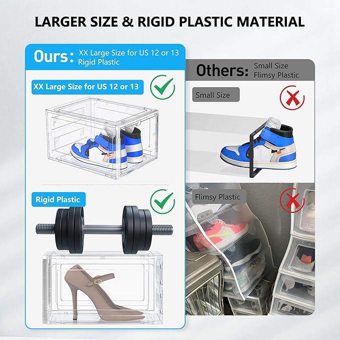 XX-Large Clear Shoe Storage Boxes with Magnetic Door, Thickened Stackable Shoe Organizer 12 Pack, Sneaker Display Case for Closet Organization & Entryway Storage, Dust-Proof Space Saving System, White