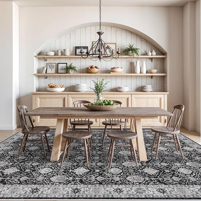 Vintage 10x14 Washable Area Rug: Large Living Room Rugs Indoor Soft Stain Resistant Carpet with Non-Slip Backing for Bedroom Dining Room Farmhouse Low Pile Floor Mat for King Size Bed (10x14 Black)