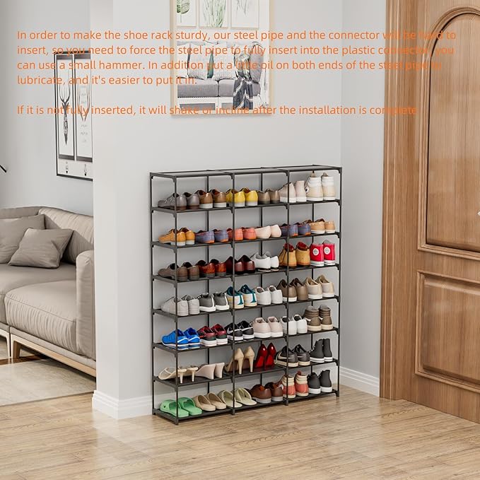 SMILHELTD Large Shoe Rack 3 Row 8 Tier for Entryway Organizer 48 Pairs, Tiered Sneaker Shelves with Dust-Proof Mats, Space Saving Storage for Garage Closet, DIY Assembly, 49.2" W x 50.8" H