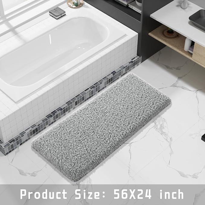Yimobra Fluffy Plush Bath Rug, Super Shaggy Soft Comfortable Non Slip, Water Absorbent Microfiber Bath Mat, Dries Quickly, Machine Washable Thick Bathroom Rugs for Shower, 56" X 24", Pure Gray