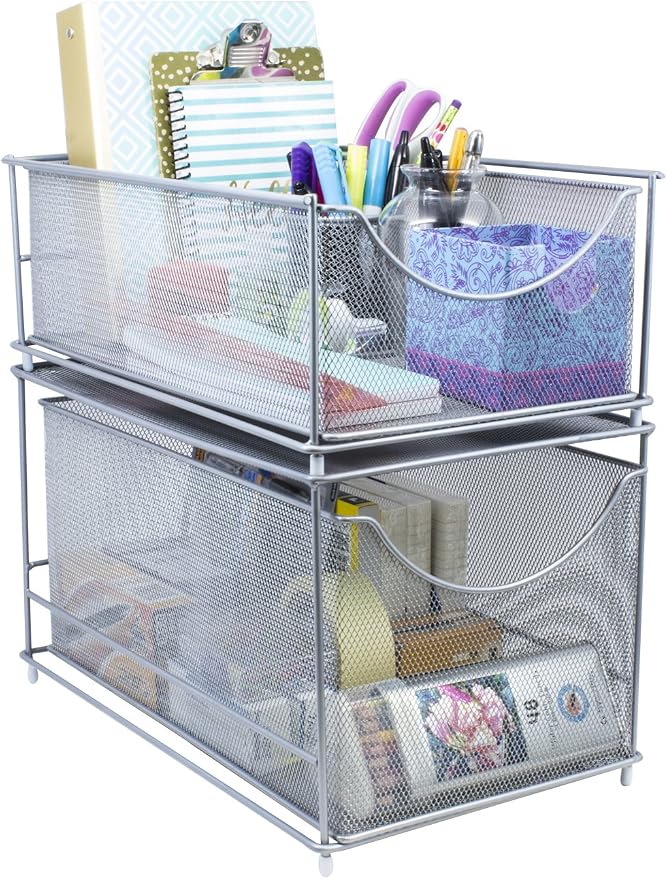 Sorbus® Cabinet Organizer Drawer with Cover—Mesh Storage Organizer w/Pull Out Drawers—Stackable, Ideal for Countertop, Cabinet, Pantry, Under the Sink, Desktop and More (Silver Bottom Drawer)