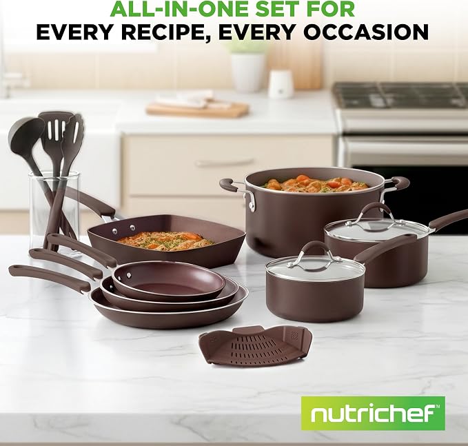 NutriChef 14-Piece Nonstick Brown Cookware Set - Scratch-Resistant Kitchen Pots and Pans with Lids & Utensils, For All Cooktops - NCCW14SBR