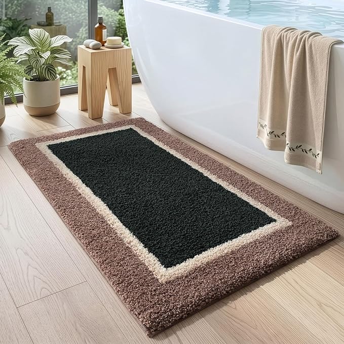 DEXI Bathroom Rugs 43x24, Absorbent Extra Soft Plush Microfiber Bath Mat for Bathroom, Non Slip Washable Bathmat Quick Dry for Shower Floor, Sink, Tub, Laundry Room, Brown and Green