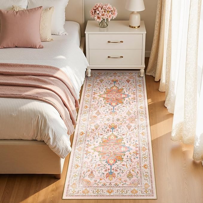 RELEANY Area Rugs Runner 2'x6' Washable Non-Slip, Floral Vintage Distress Medallion Carpet for Kitchen Hallway Bedroom Beside Laundry Room Bathroom, Light Pink Colorful