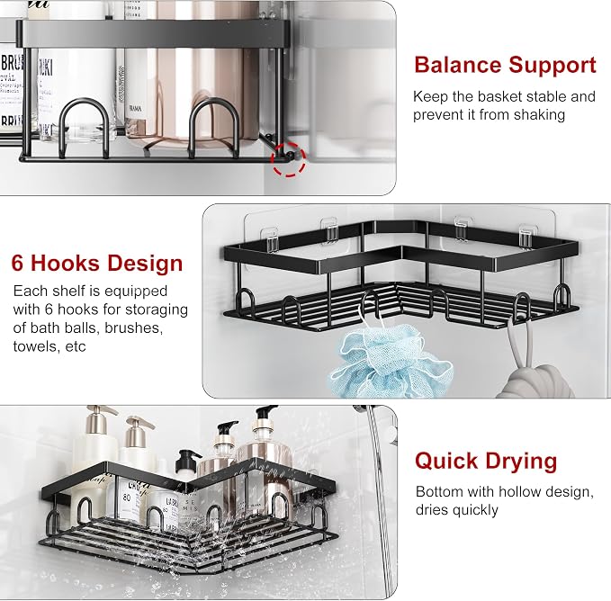 Liuoud Corner Shower Caddy 5 Pack, Rustproof Stainless Steel Shower Organizer with Soap Rack Toothbrush Holder, Large Capacity Adhesive No Drilling Bathroom Storage Decor Set, Black