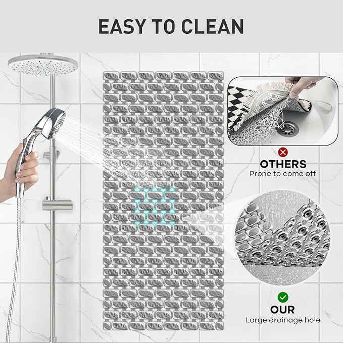 XIYUNTE Shower Mat Non Slip Bathtub Mat - 36 x 16Inches Soft Rubber Bath Mat for Tub Non Slip Bath Mat with Suction Cups and Drain Holes, Easy to Clean, Easy to Cut, Eco-Friendly, Dark Grey