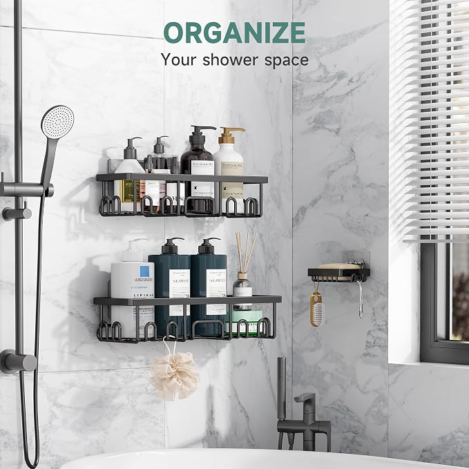 Veken Shower Caddy 3-Pack, Advanced Rustproof Design, No Drilling Adhesive Shelves, Rack with Soap Holder, Large Capacity Bathroom Organizers and Storage, Wall-Mounted Kitchen & Home Decor, Black