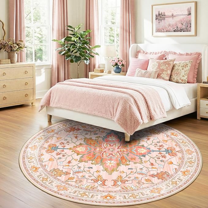 RELEANY Area Rugs Round 8ft Washable Non-Slip, Floral Vintage Distress Medallion Carpet for Living Room Bedroom Dining Room, Light Pink Colorful