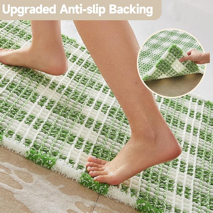 TYUU Waffle Bath Mat, Boho Bathroom Rugs Non Slip Washable Absorbent Checkered Bathroom Mat Quick Dry Cute Bath Mat, 48"x24" Green and White