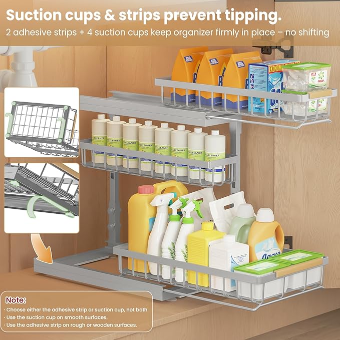 Under Sink Organizer and Storage for Bathroom and Kitchen - 2 Pack 3 Tier Under Cabinet Pull Out Shelf Organizers - Slide Out Drawer Organization for Home Cabinets Shelves and Drawers