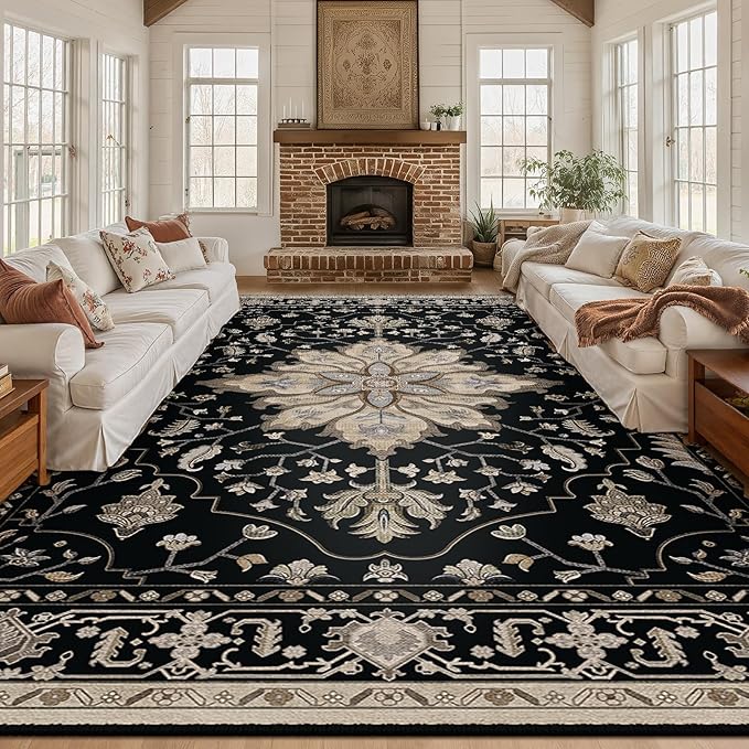 RELEANY Area Rugs Large 10'x12' Washable Non-Slip, Floral Vintage Distress Medallion Carpet for Living Room Bedroom Dining Room, Black Brown Neutral Dark Tan