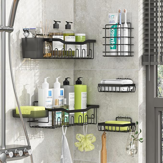 Simple Trending Adhesive Shower Caddy, 5-Pack Large Capacity Shower Shelves with Soap Dish Toothbrush Holder & Hooks, No Drilling Bathroom Organizer and Storage for Home Decor, Black