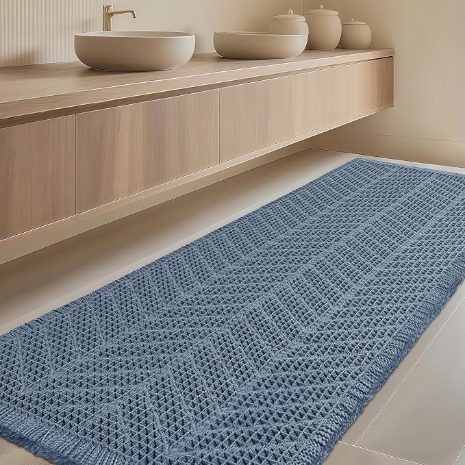 IM HOME Extra Large Waffle Bath Mat, Boho Bathroom Rugs Absorbent Non Slip, Ultra Soft Bathroom Mat, Machine Washable Knit Bath Rugs with Herringbones for Bathroom,Bedroom,Kitchen,Shower,6'x2', Blue