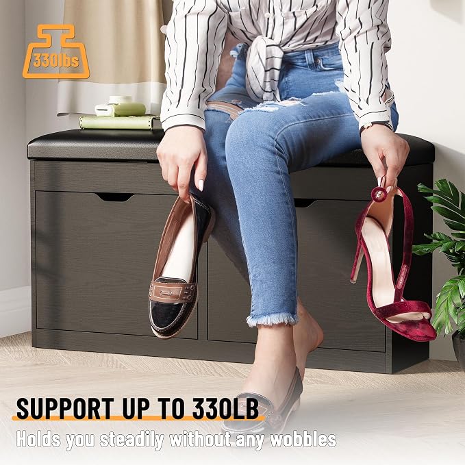 40" Shoe Storage Bench with Flip Drawers Padded Seat Cushion, Shoe Cabinet with Lift Top Storage Box, Shoe Bench Shoe Organizer for Entryway, Hallway, Living Room, Black