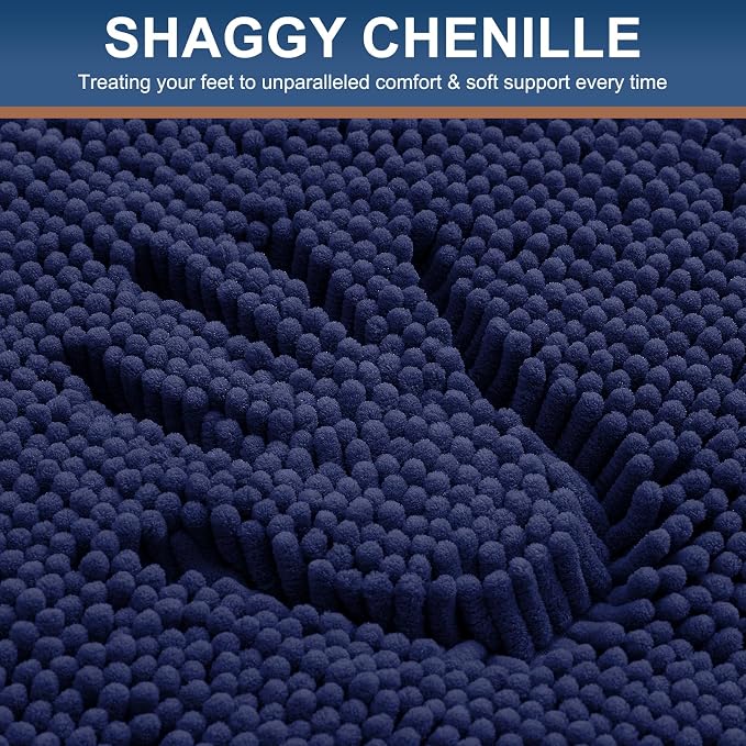 Smiry Luxury Chenille Bathroom Rugs 24x16, Extra Soft and Absorbent Shaggy Bath Mat, Machine Washable, Non-Slip Plush Carpet Runner for Tub, Shower, and Floor, Home Decor Accessories, Navy Blue