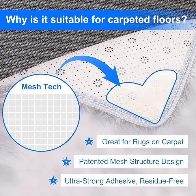 16-Pack Carpet-to-Carpet Rug Grippers | Cloth-Backed Heavy-Duty Anti-Slip Pads | Secure Rugs Over Carpets, Tiles, Hardwood | Prevent Sliding, Curling, Tripping (4", Patented Mesh)