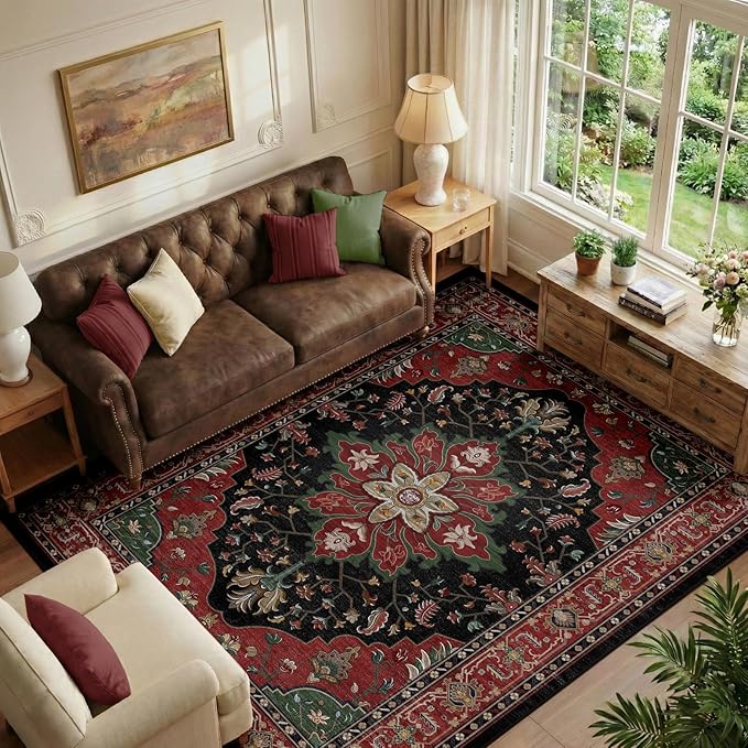 RELEANY Area Rugs 6'x9' Washable Non-Slip, Floral Vintage Distress Medallion Carpet for Living Room Bedroom Dining Room, Red Black