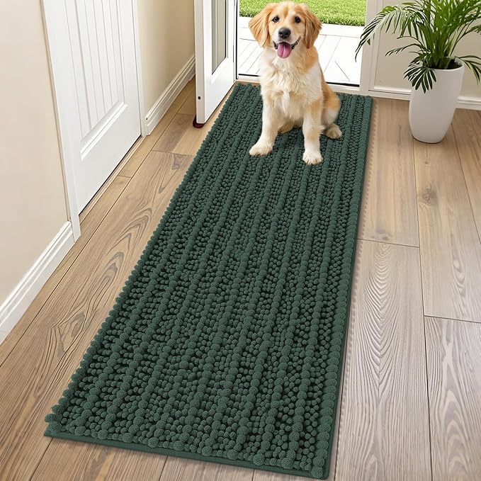 Smiry Dog Door Mat for Muddy Paws 70x24, Absorbent Dirt Trapper, Non-Slip Washable Chenille Entryway Rug for Inside Floor, Green, Layered Pattern