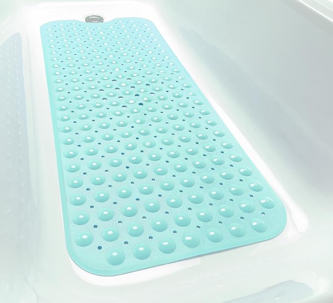 Extra-Long Non-Slip Bathtub & Shower Mat 39”x16” (Smooth/Non-Textured Tubs Only) Safe, Clean, Machine-Washable, Superior Grip&Drainage, Vinyl, Opaque Aqua/Blue-Green